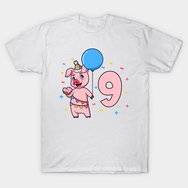 I am 9 with pig - kids birthday 9 years old T-Shirt by Modern Medieval Design